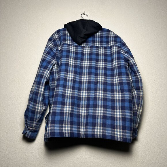 Brazos Work Force Jacket Hooded Button Up Men XL Blue Plaid Puff Insulated Heavy - Picture 2 of 14